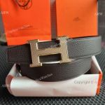 Copy Hermes 38mm Reversible Coffee Black Belt Plaid H Buckle and Box